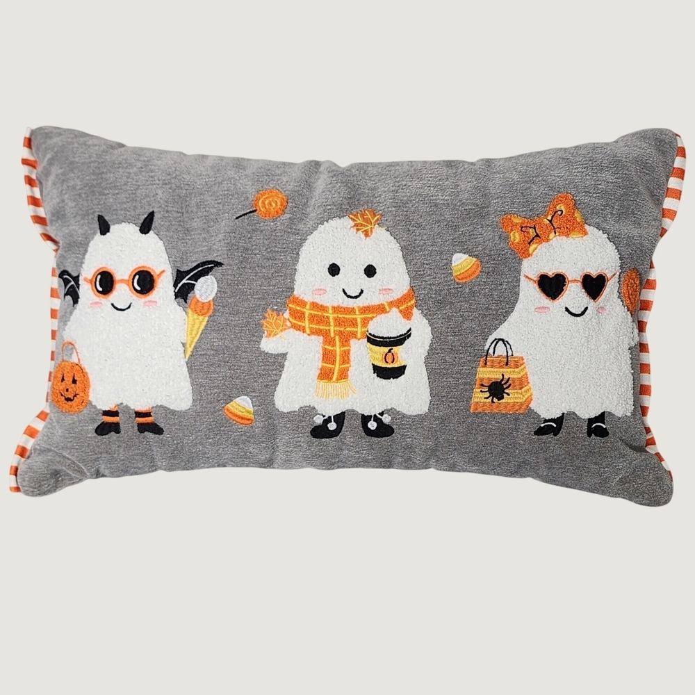 Halloween Ghost Lumbar Pillow Gray Embroidered Candy Corn Pumpkin Fall 14x24 NEW